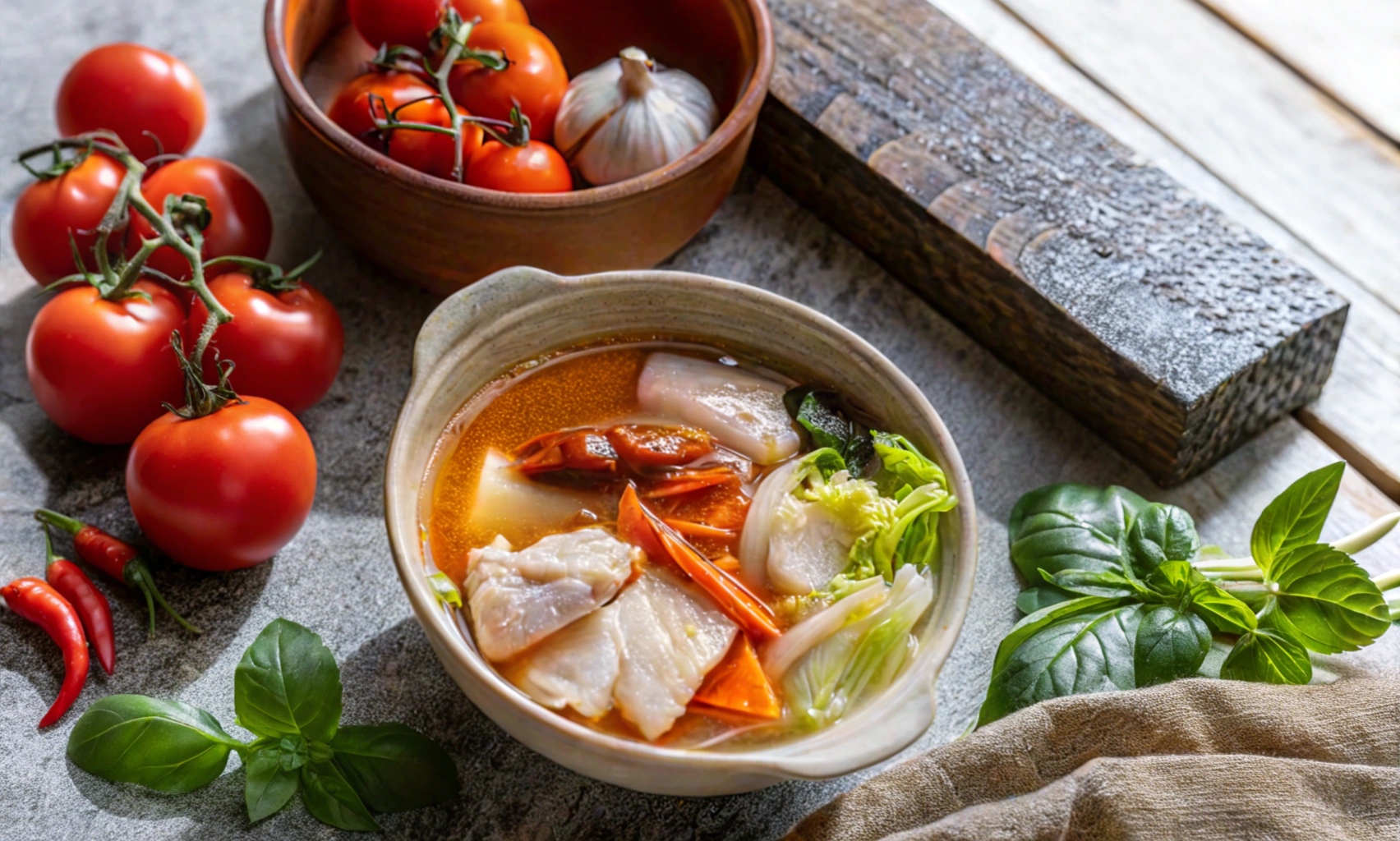 Fresh tomatoes and herbs — the base of our tomato-broth fish soup
