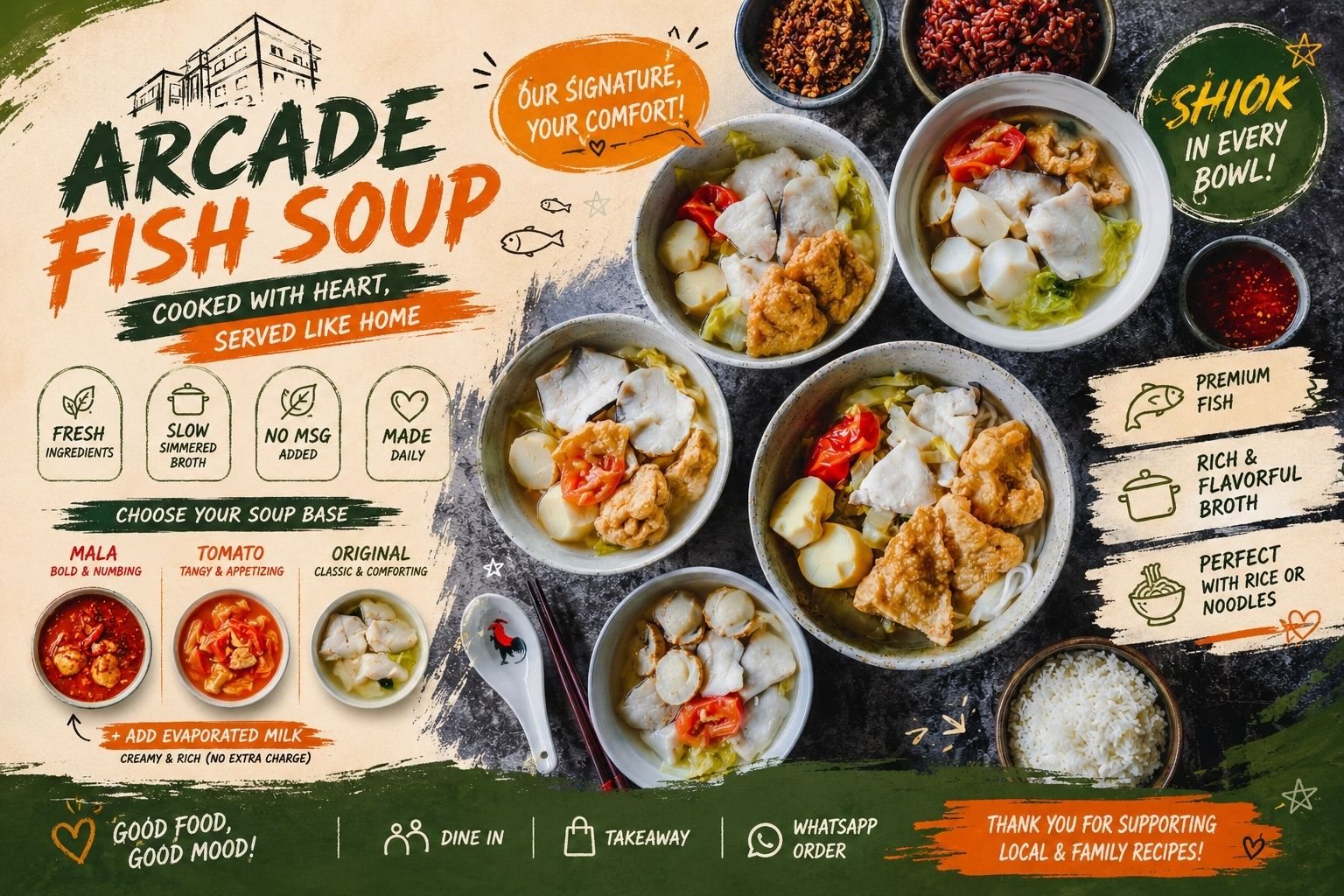 Arcade Fish Soup poster: five bowls of fish soup with sliced fish, fried fish, fish cake and scallops, plus small bowls of the three broths (mala, tomato, original) and rice, fried garlic and chilli on the side. Cooked with heart, served like home.